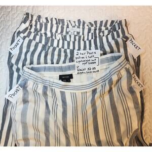 2 Pair Striped Pull-on Pants POCKET Lightweight Wide Leg White Flowy 33" 34" XL